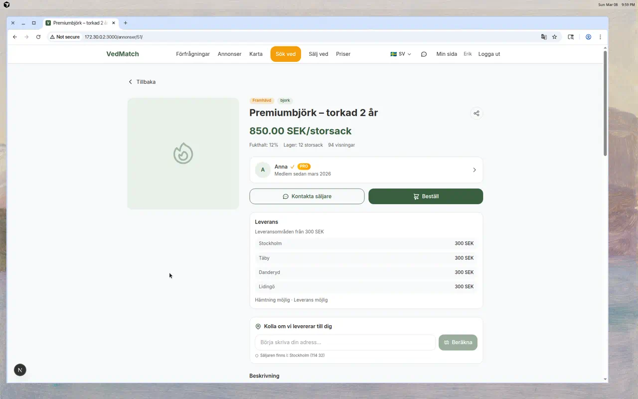 Annonsdetaljsida på VedMatch