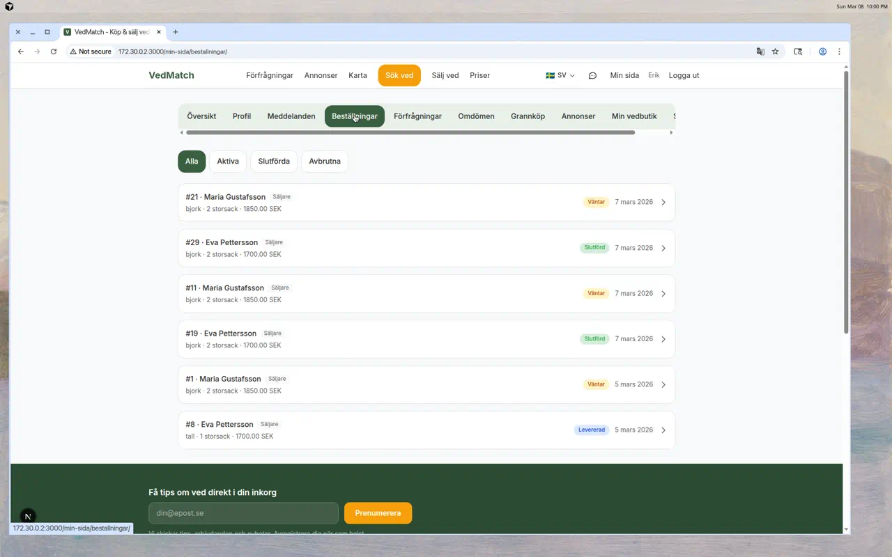 Beställningar på Min sida