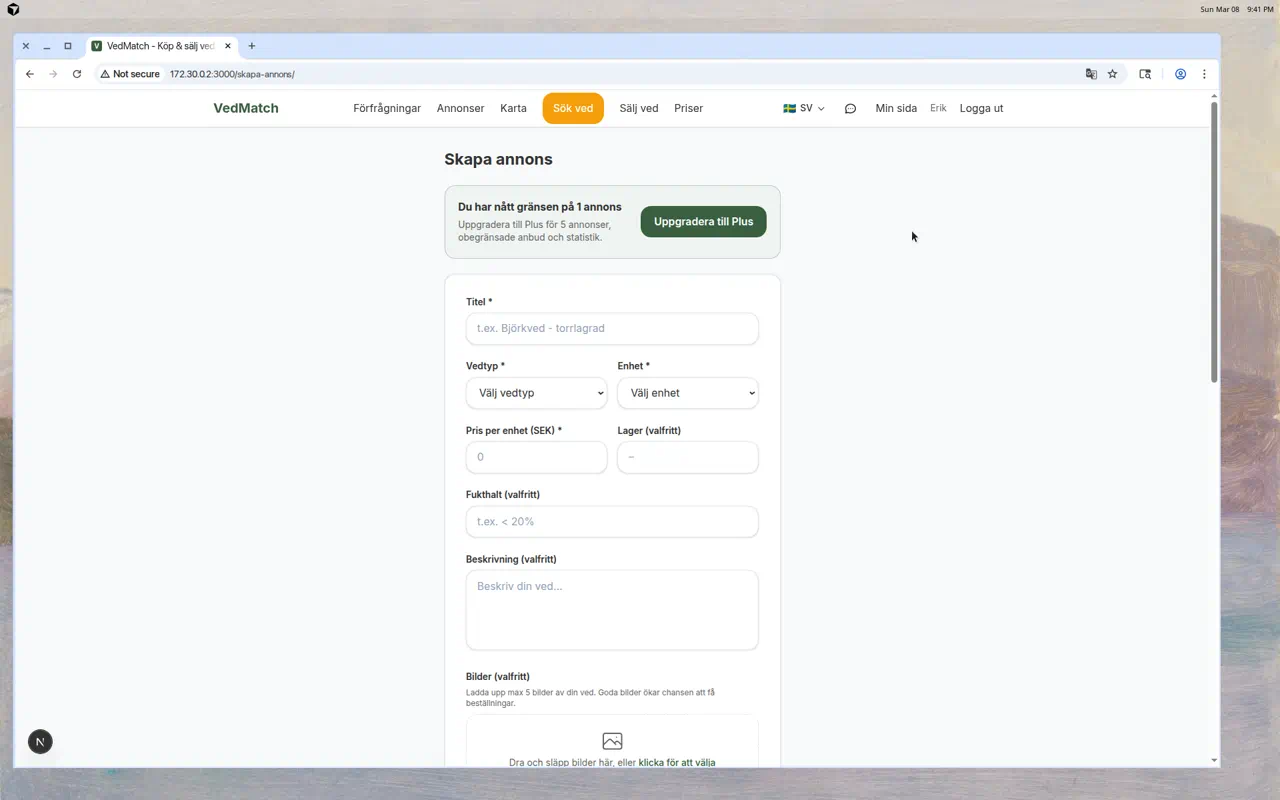 Skapa annons på VedMatch