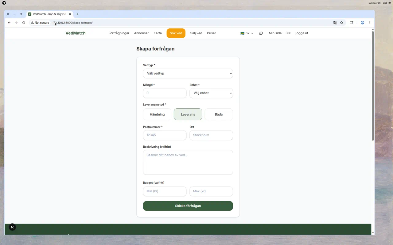 Skapa förfrågan på VedMatch